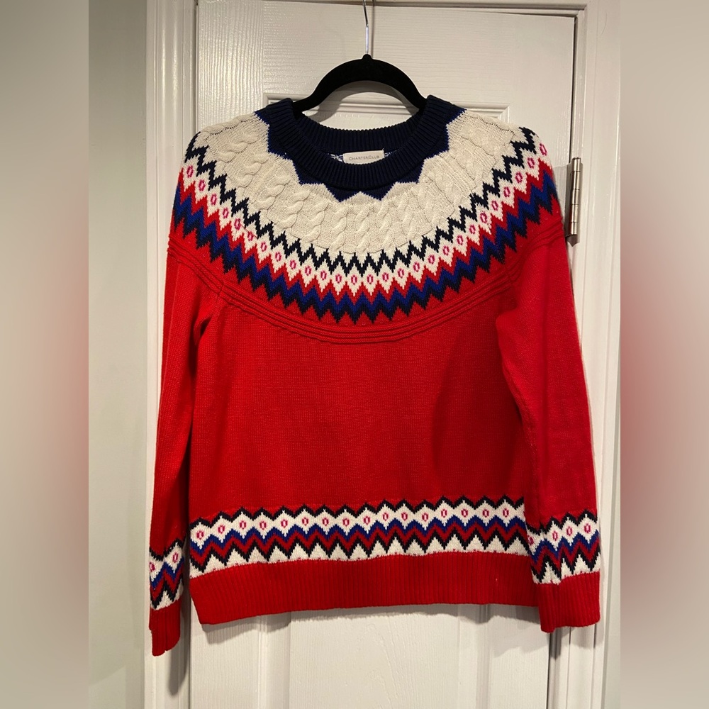 Charter Club Size MP Red Blue Fair Isle Cotton Blend crew Neck Sweater Ski